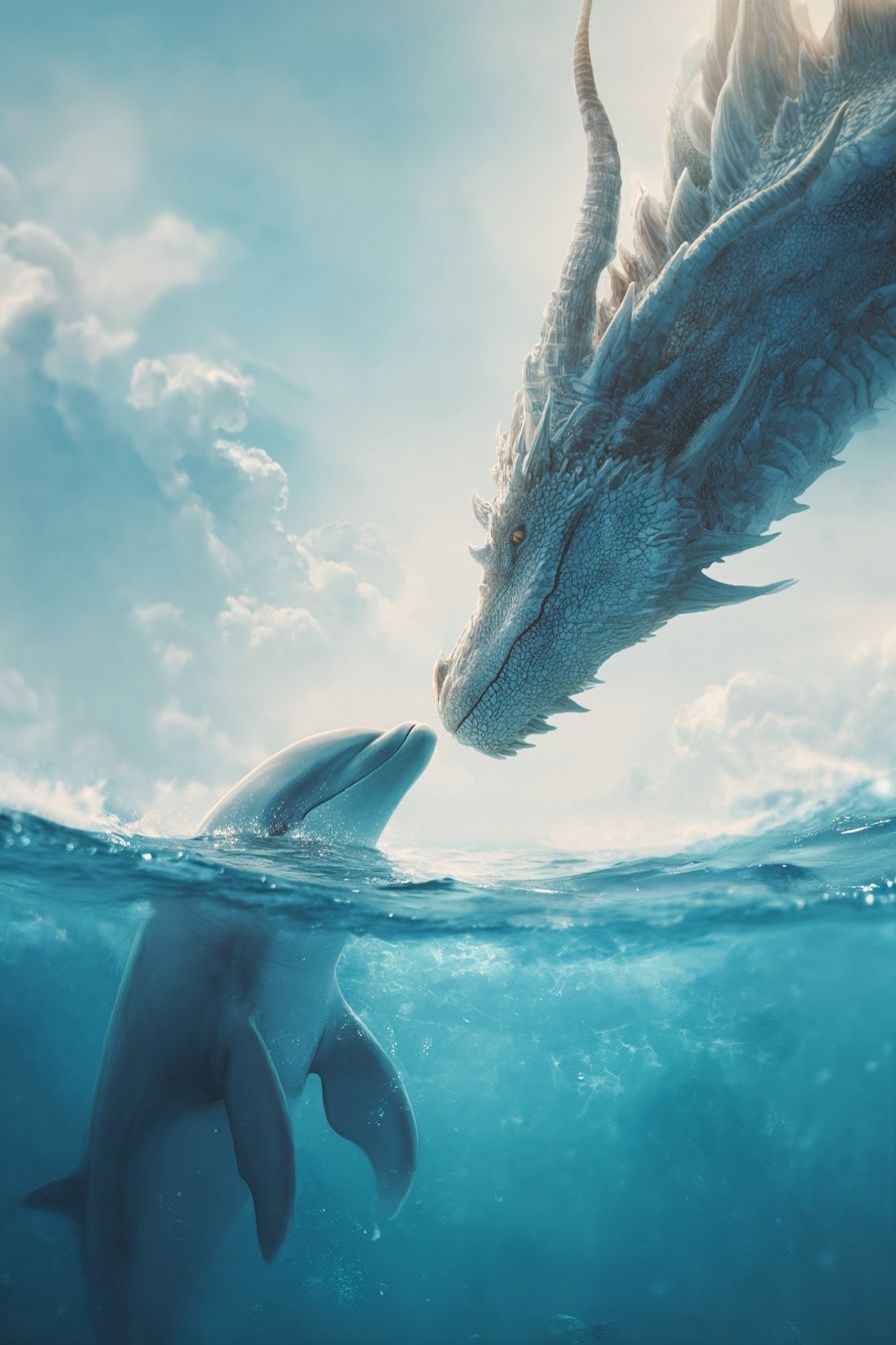 Dolphin and Dragon — Fantasy Print. poster — illustration art