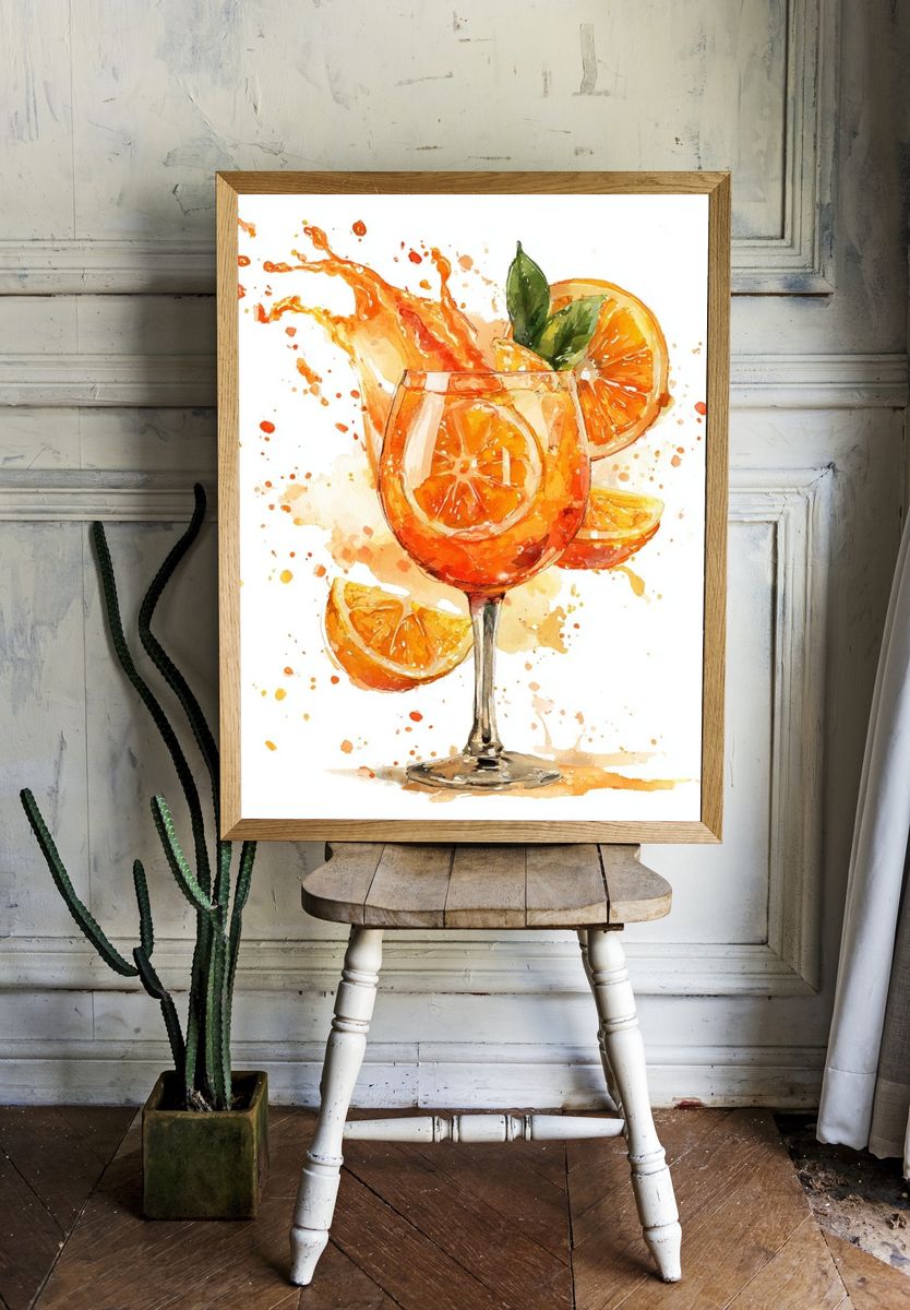 Refreshing Orange Cocktail — Watercolor Print. room preview