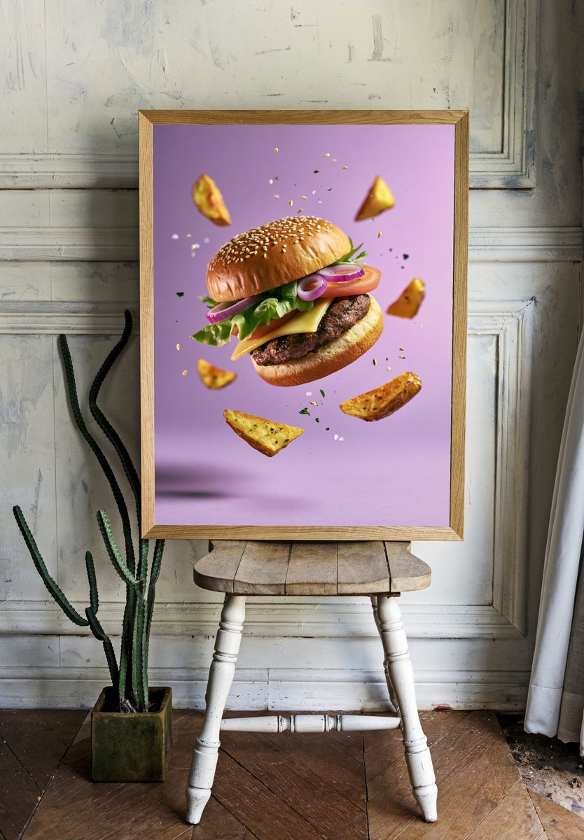 Floating Burger Food Photography Poster. — room view 1