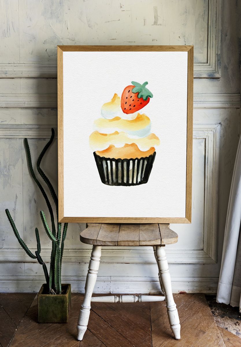 Strawberry Cupcake — Watercolor Print. room preview