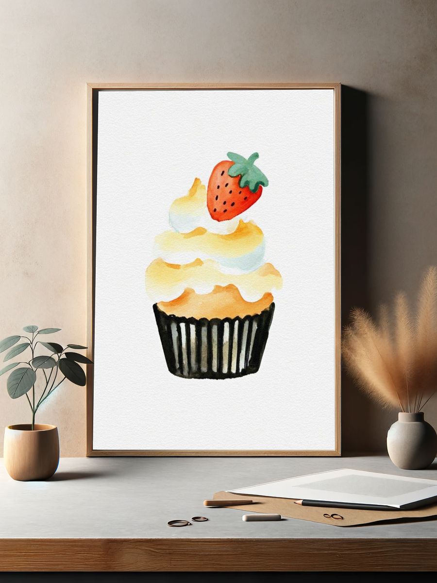 Strawberry Cupcake — Watercolor Print. — room view 2