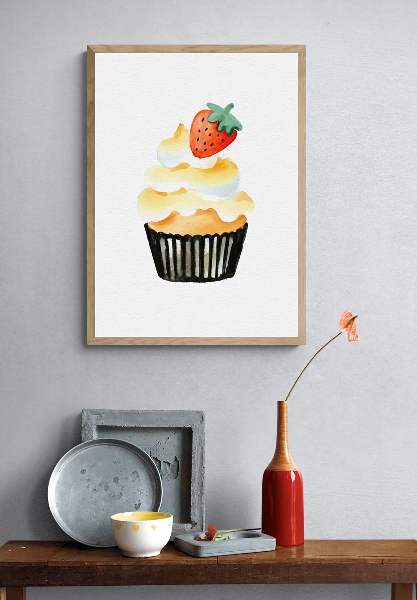 Strawberry Cupcake — Watercolor Print. — room view 3
