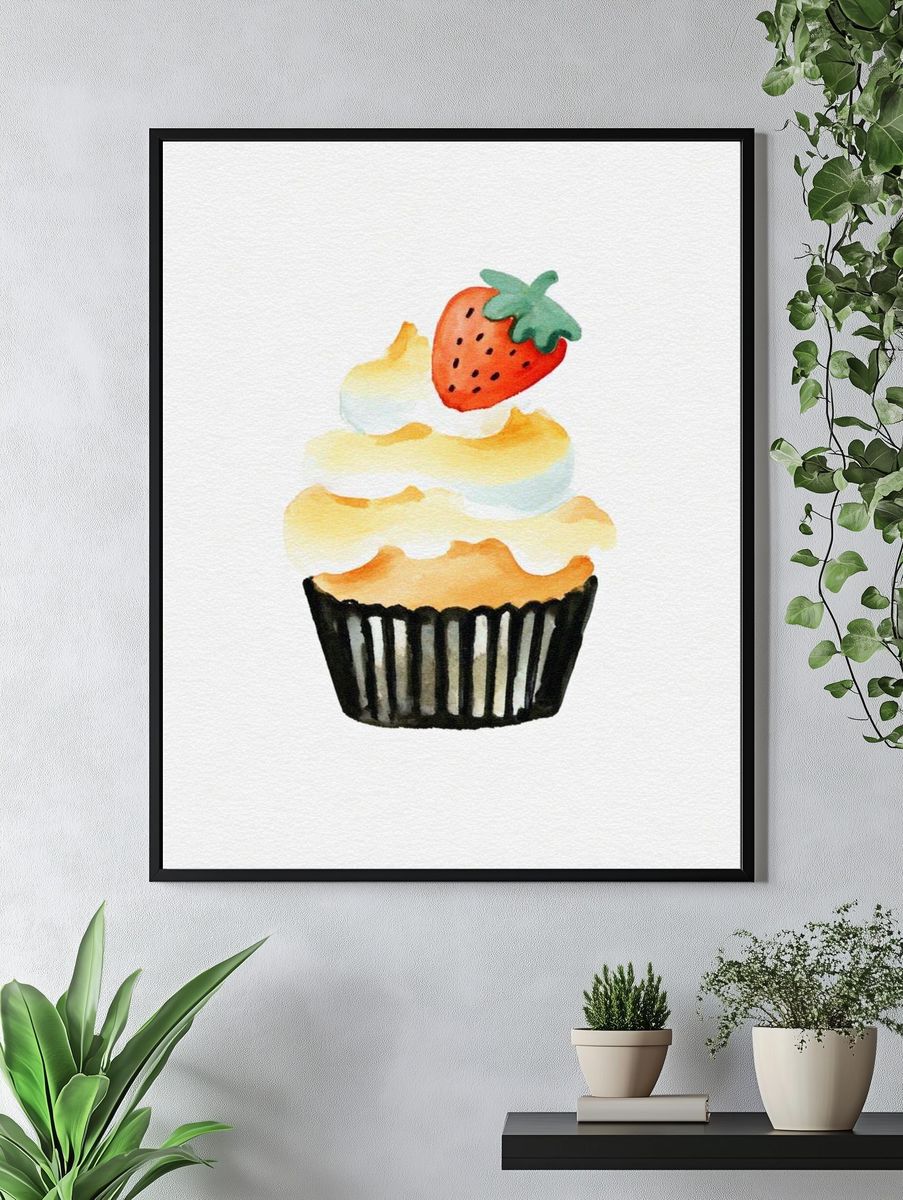 Strawberry Cupcake — Watercolor Print. — room view 4