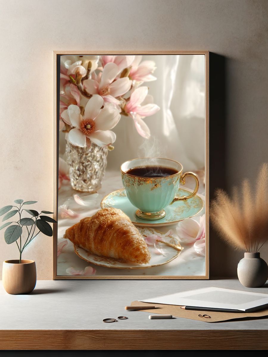 Coffee and Croissant — Still Life Print. — room view 2