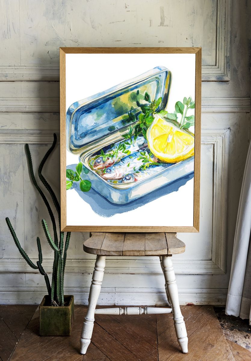 Sardines in a Tin — Watercolor Print. room preview
