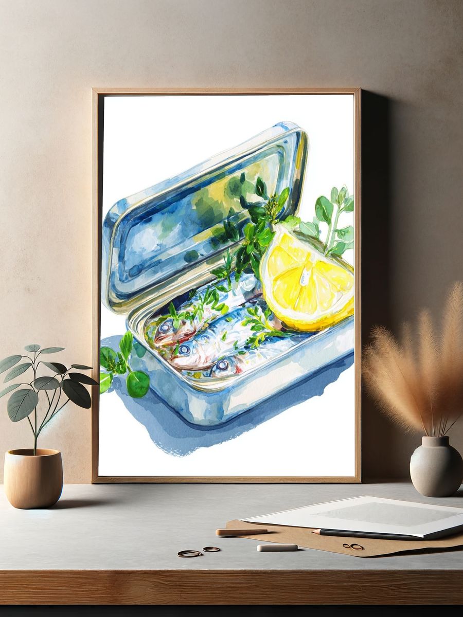 Sardines in a Tin — Watercolor Print. — room view 2