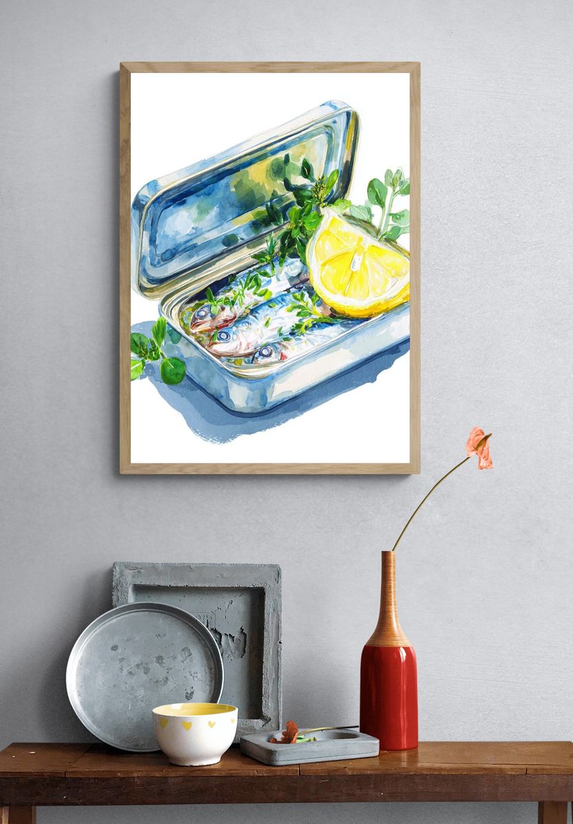 Sardines in a Tin — Watercolor Print. — room view 3