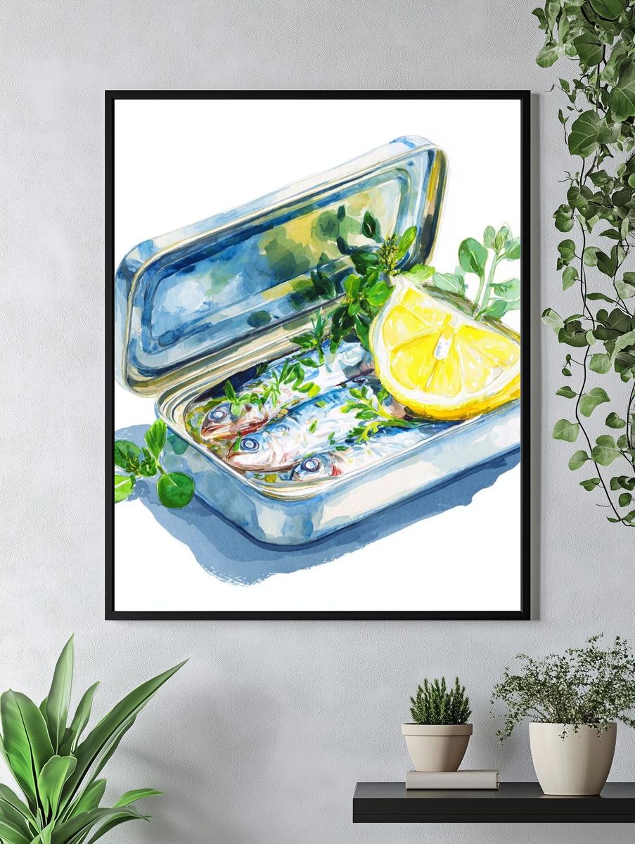 Sardines in a Tin — Watercolor Print. — room view 4