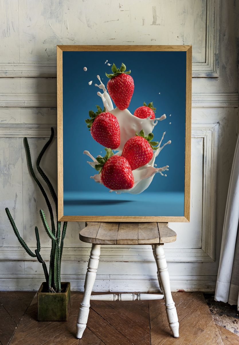 Strawberries in Milk Splash — Food Print. — room view 1