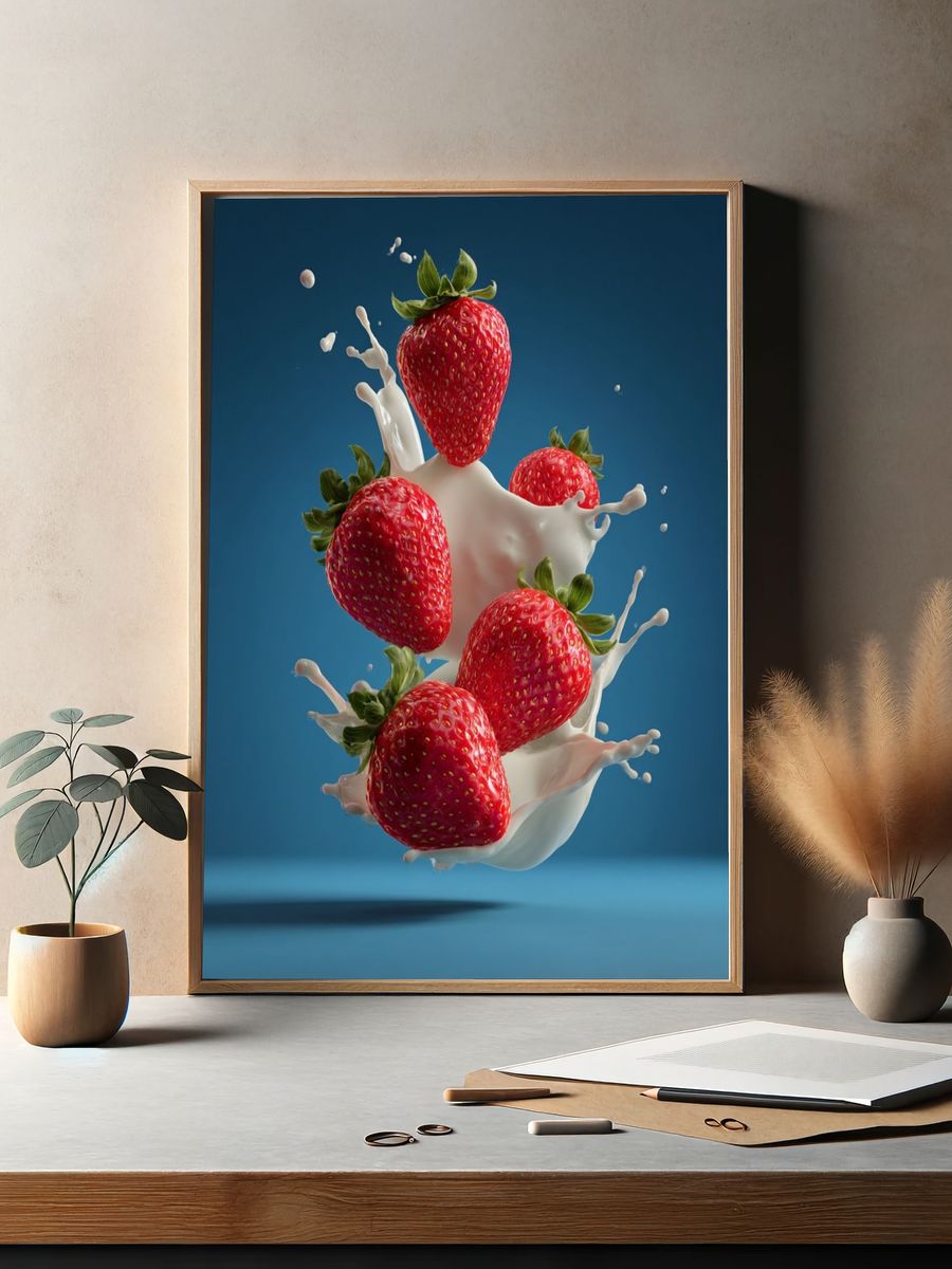 Strawberries in Milk Splash — Food Print. — room view 2