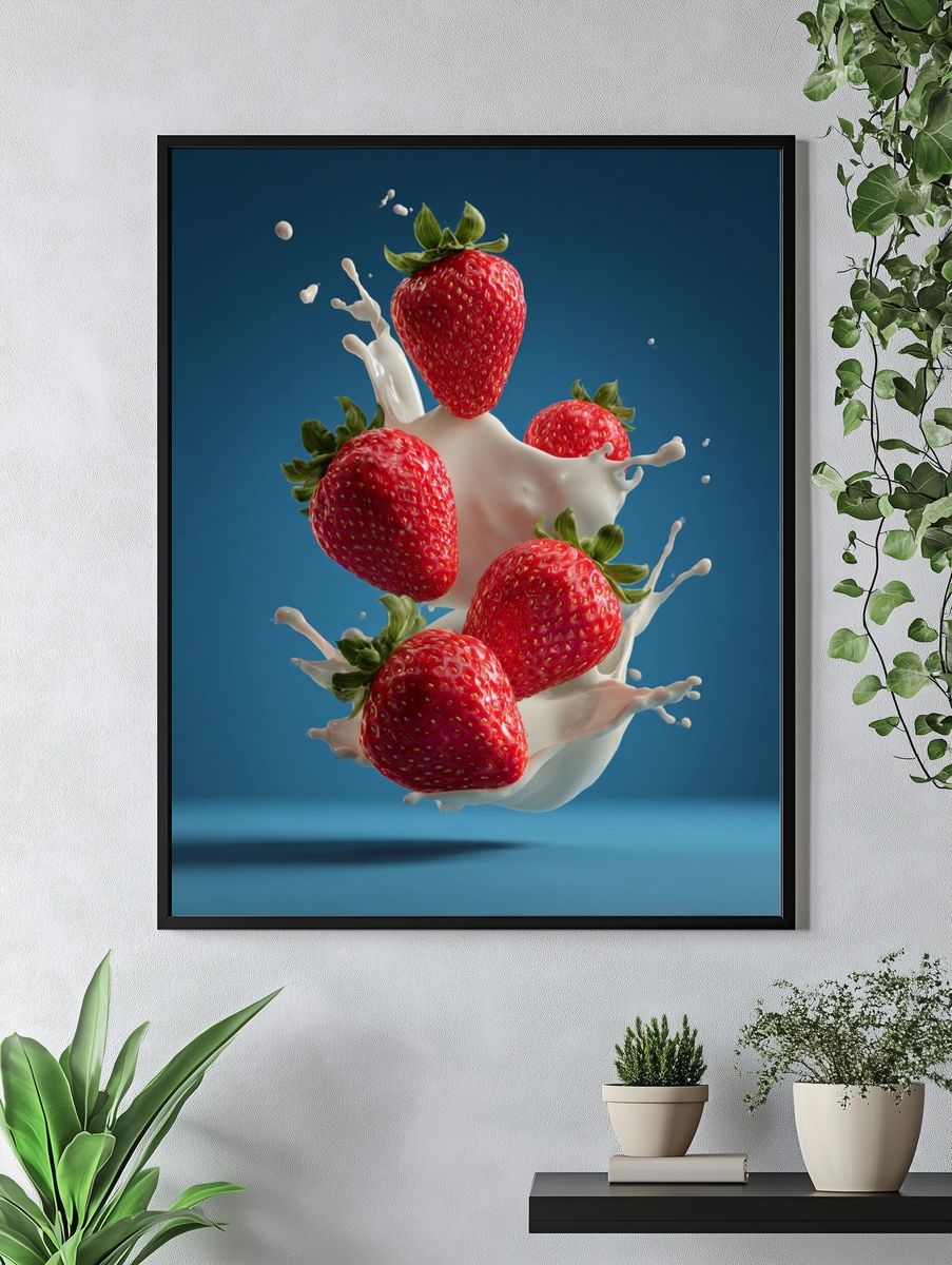 Strawberries in Milk Splash — Food Print. — room view 4