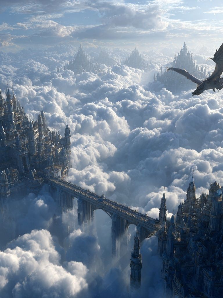 Majestic Dragon Over Cloud City — Fantasy Print. poster — illustration art