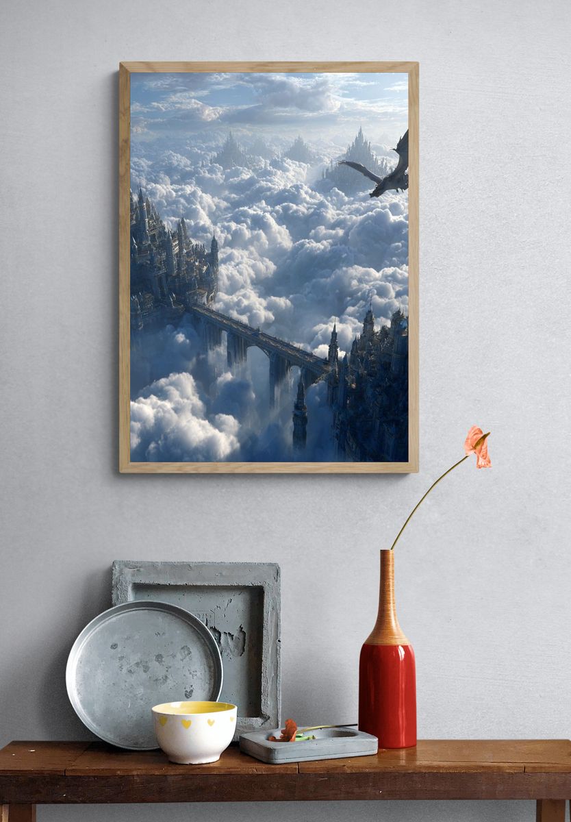 Majestic Dragon Over Cloud City — Fantasy Print. — room view 3