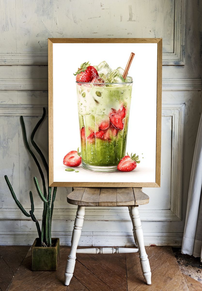 Strawberry Matcha Drink — Watercolor Print. — room view 1