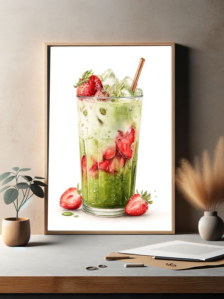 Strawberry Matcha Drink — Watercolor Print. — room view 2