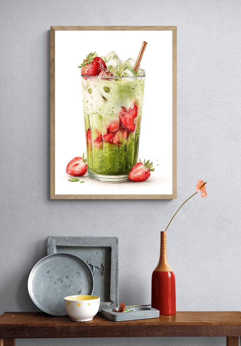 Strawberry Matcha Drink — Watercolor Print. — room view 3