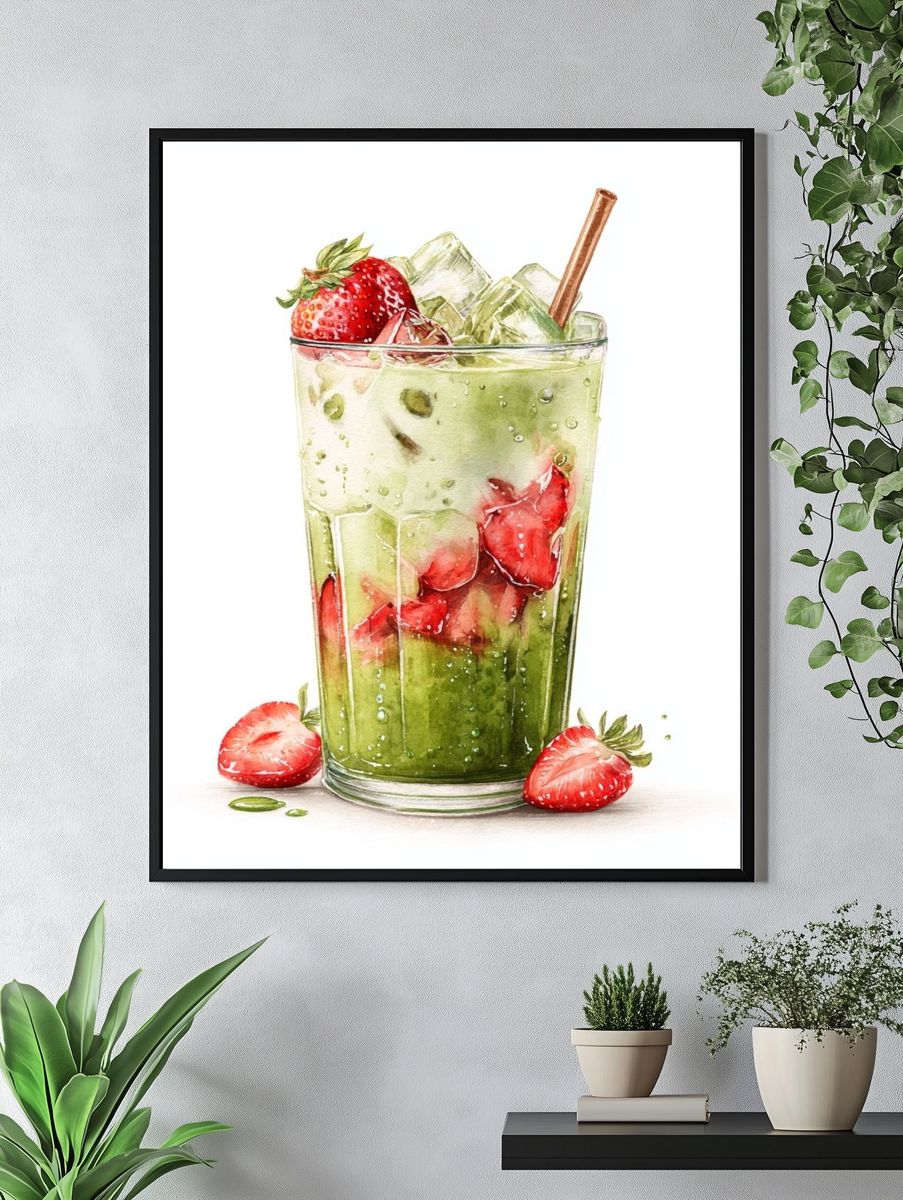 Strawberry Matcha Drink — Watercolor Print. — room view 4