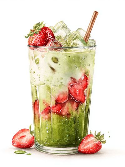 Strawberry Matcha Drink — Watercolor Print. poster