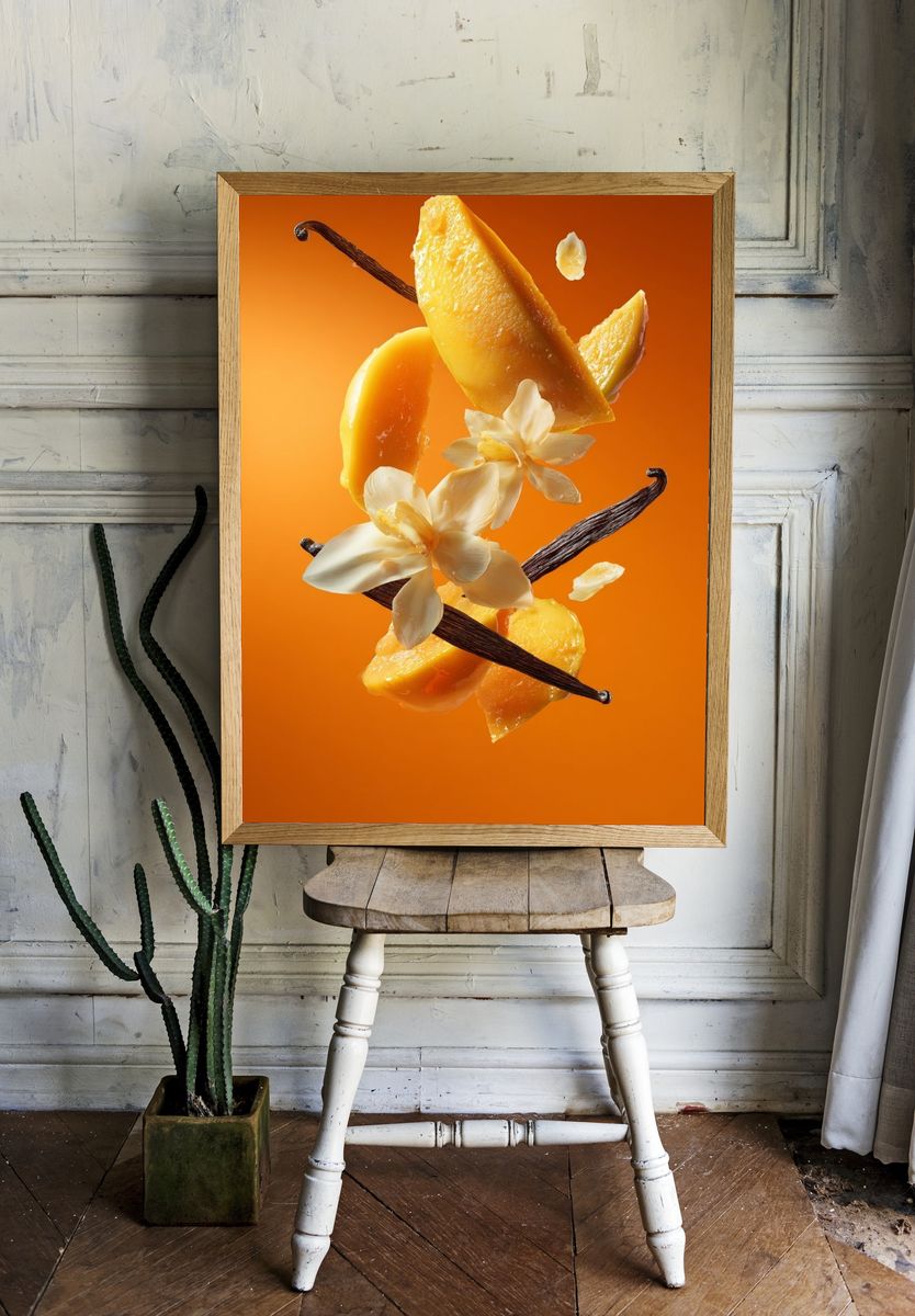 Mango and Vanilla Floral Still Life Poster. room preview