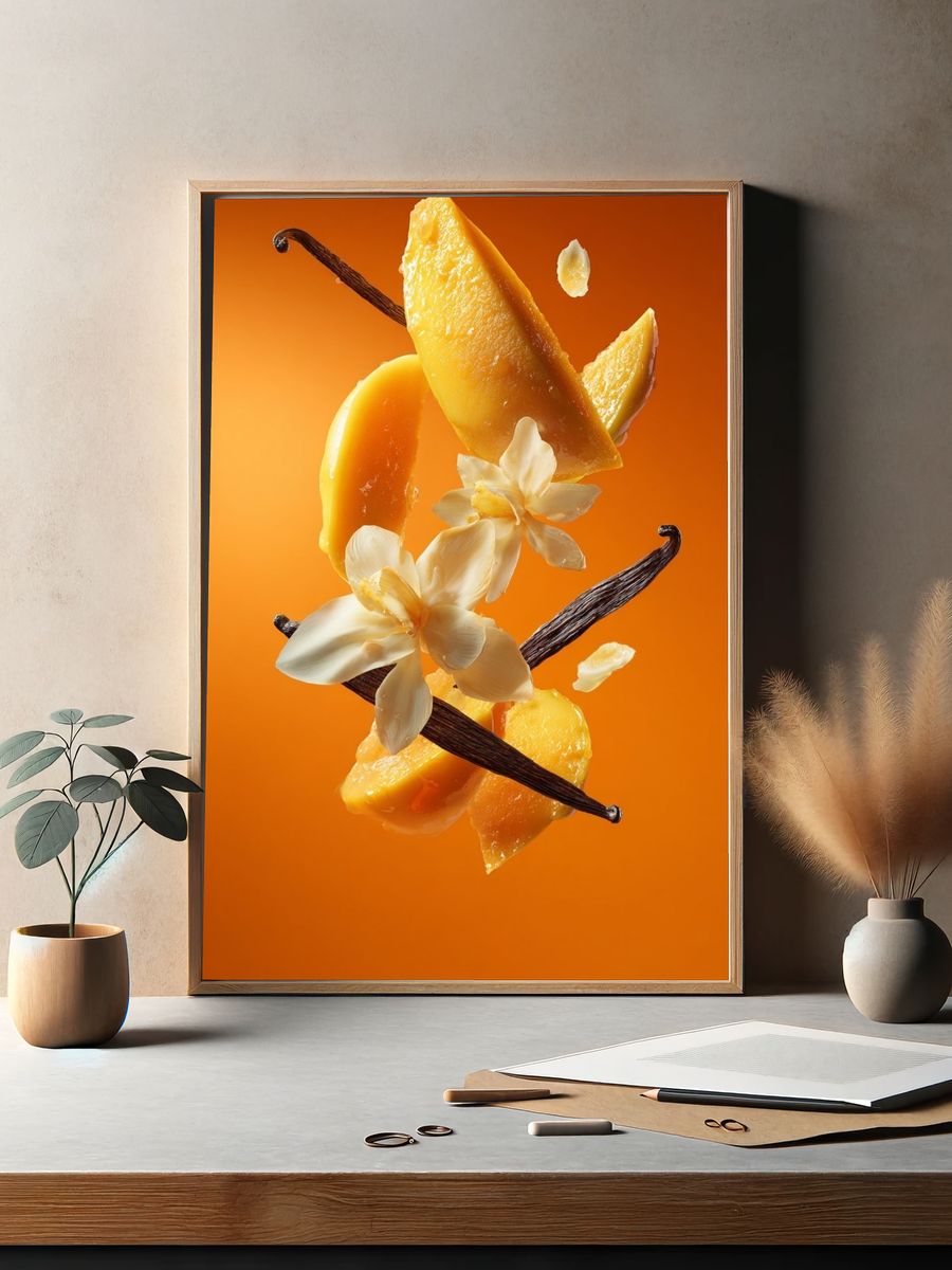 Mango and Vanilla Floral Still Life Poster. — room view 2