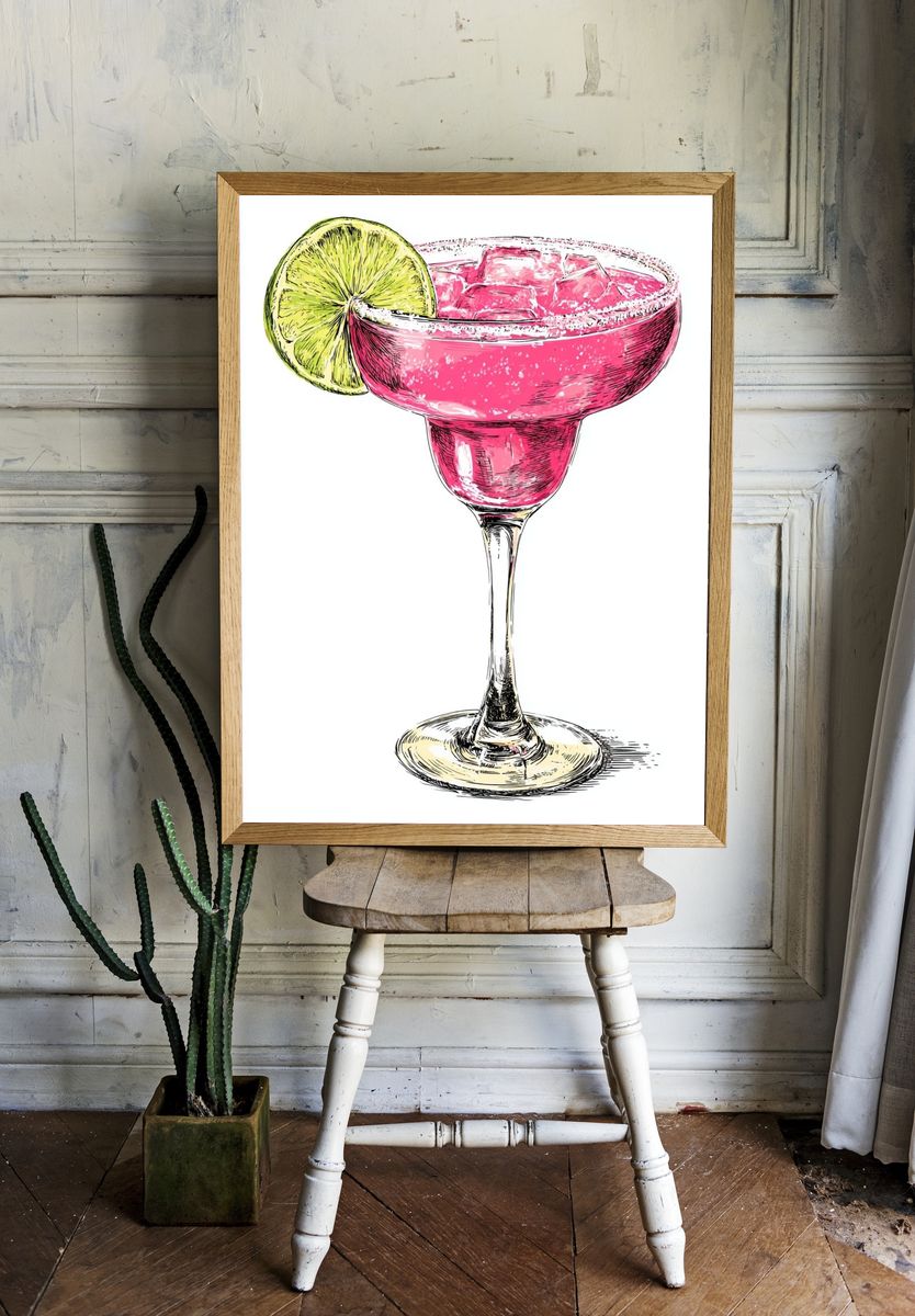 Pink Margarita Cocktail Illustration Poster. — room view 1