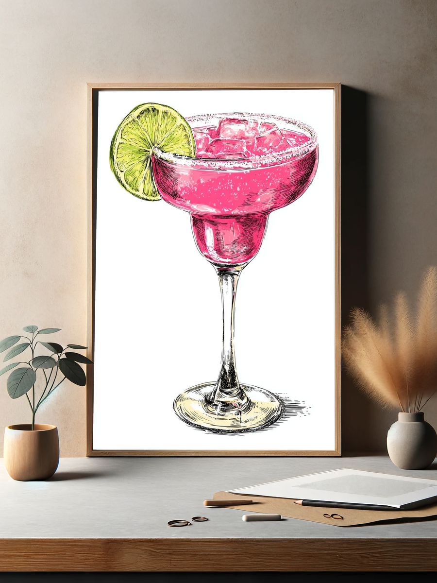 Pink Margarita Cocktail Illustration Poster. — room view 2