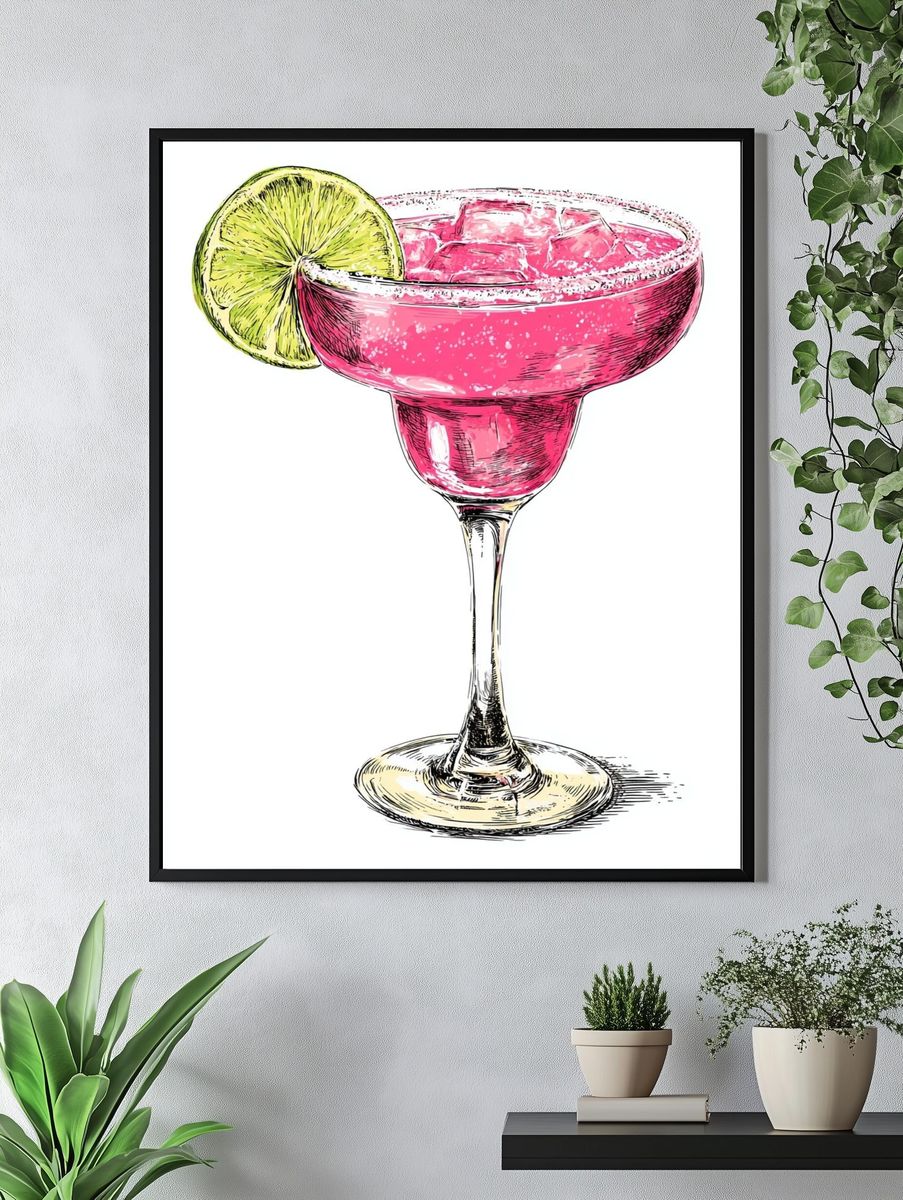 Pink Margarita Cocktail Illustration Poster. — room view 4