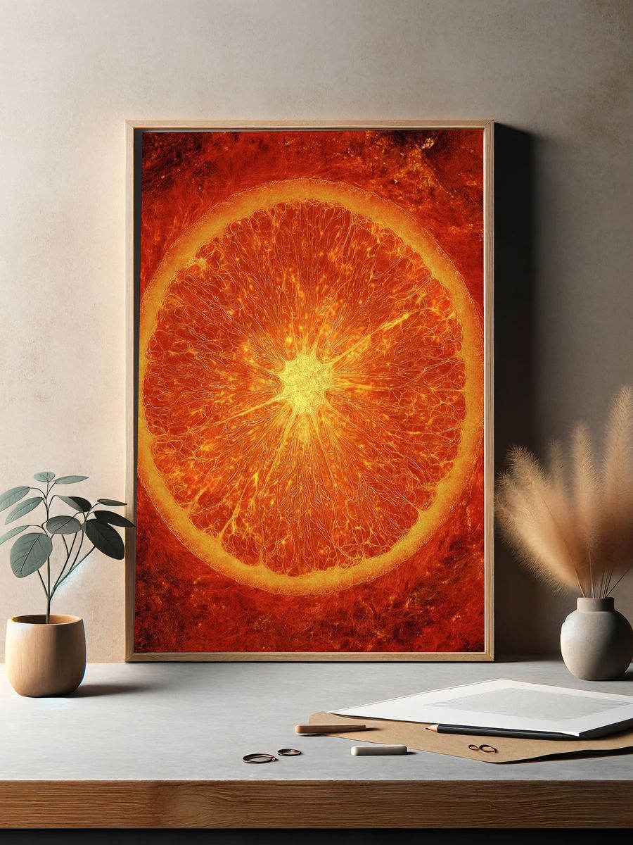 Vibrant Orange Slice — Food Art Print. — room view 2