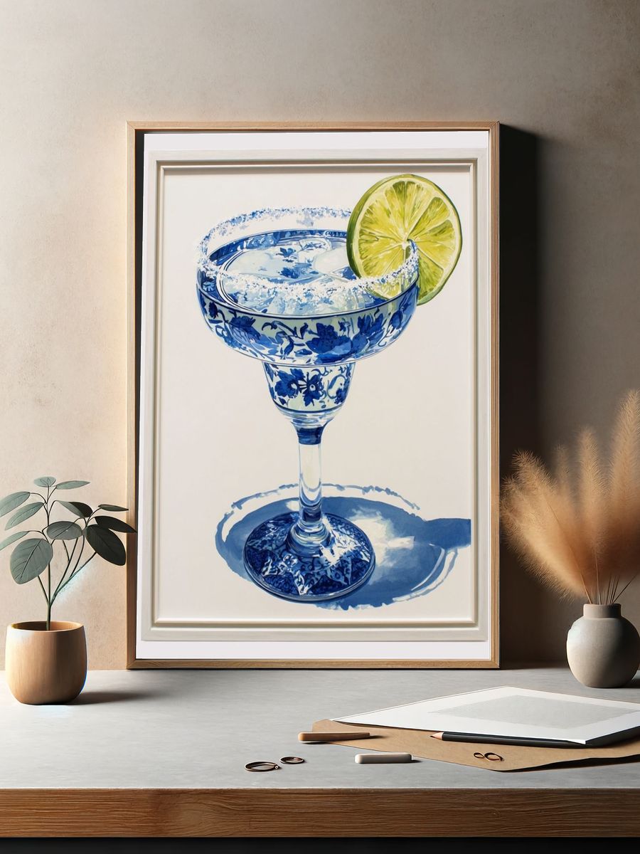 Margarita in Blue Floral Glass — Food & Drink Print. — room view 2