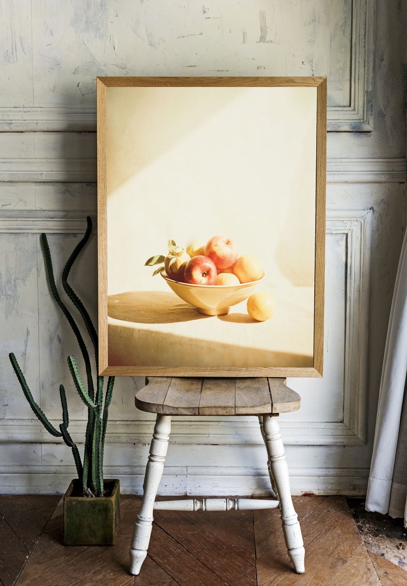 Sunlit Fruit Bowl Still Life Print. room preview