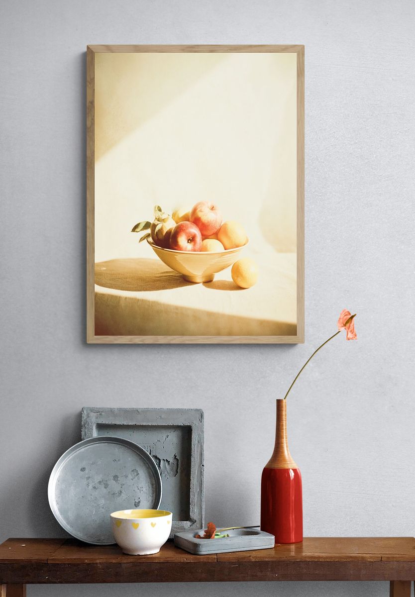 Sunlit Fruit Bowl Still Life Print. — room view 3