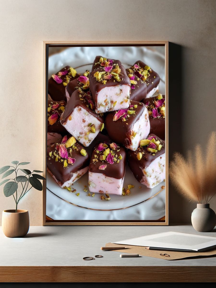Chocolate Pistachio Dessert Still Life Poster. — room view 2