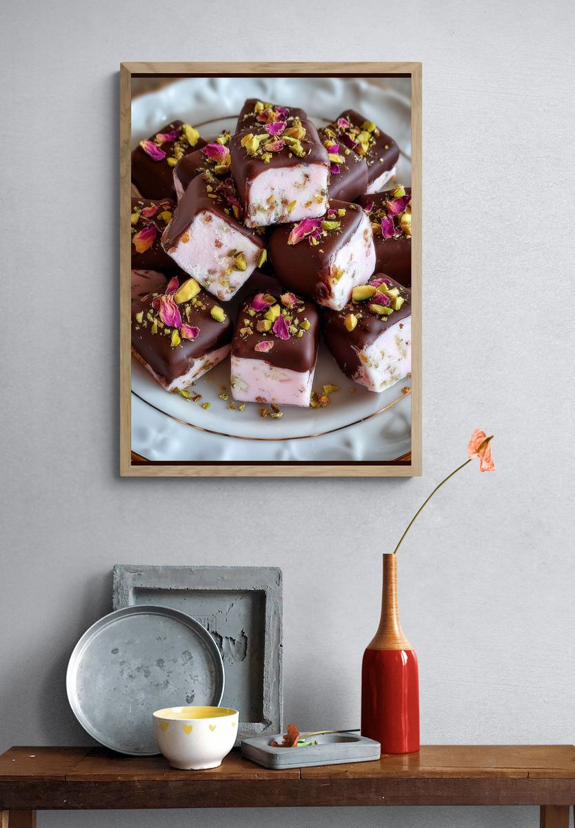 Chocolate Pistachio Dessert Still Life Poster. — room view 3