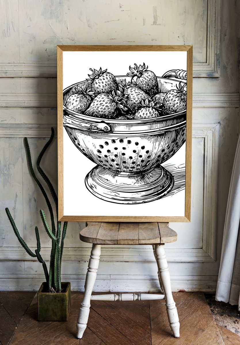Strawberry Bowl Ink Print. room preview