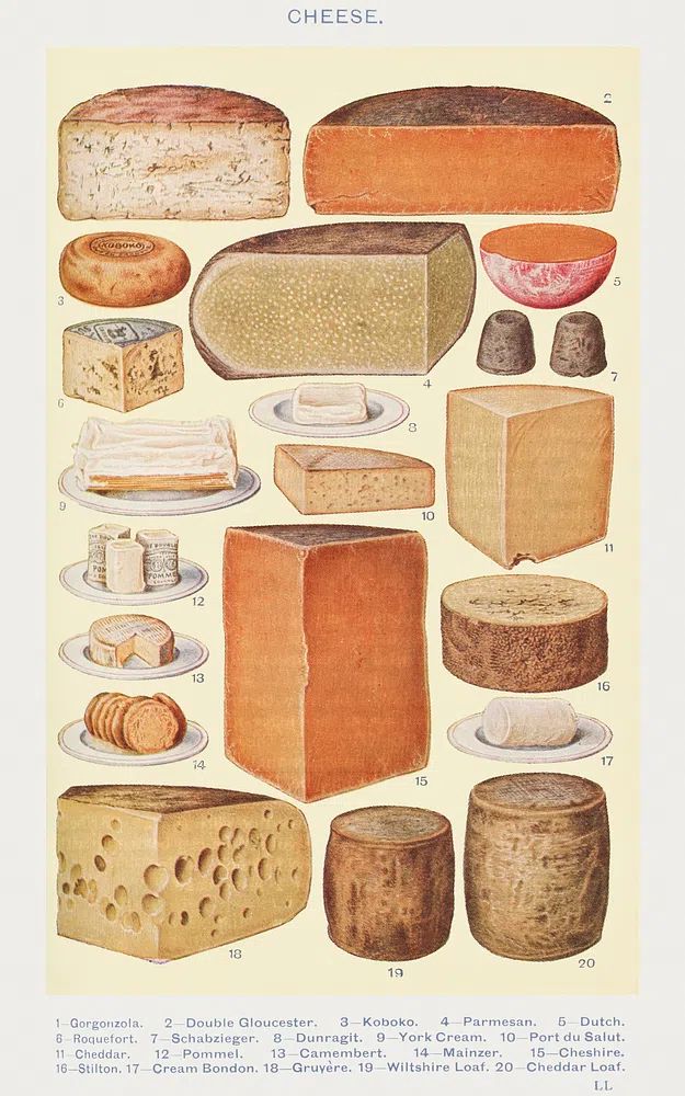 Cheeses: Gorgonzola, Double Gloucester, Koboko. poster detail
