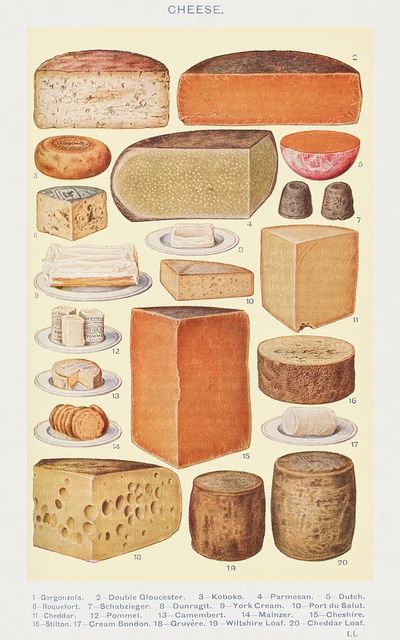 Cheeses: Gorgonzola, Double Gloucester, Koboko. poster