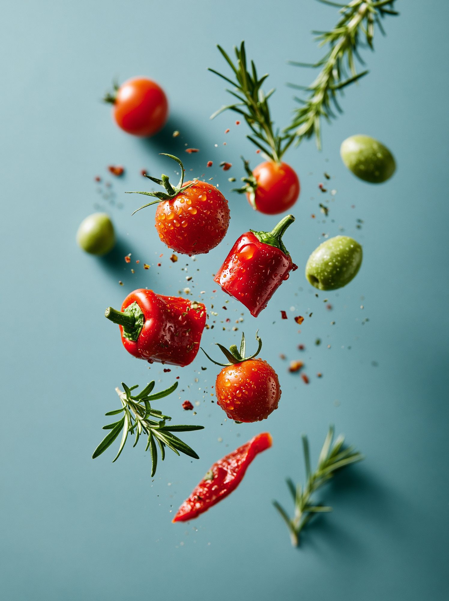 Floating Tomatoes and Herbs Photography Poster. poster detail