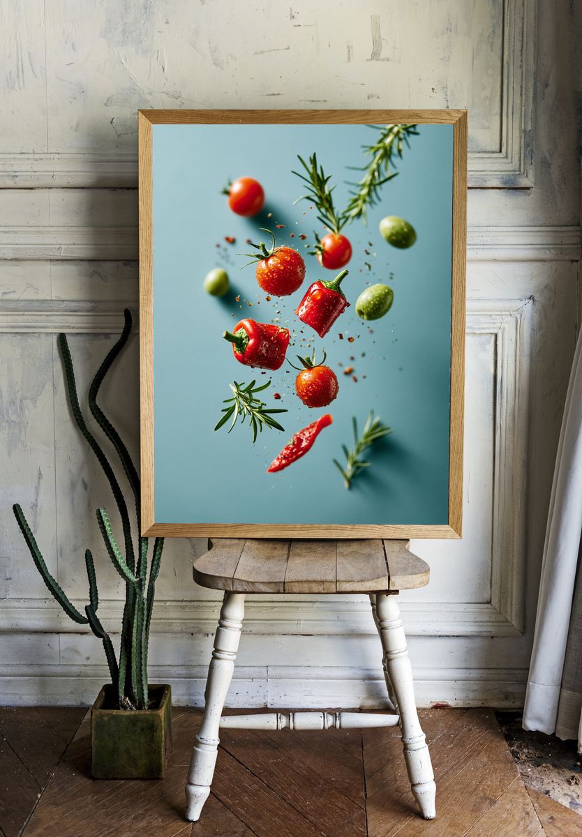 Floating Tomatoes and Herbs Photography Poster. room preview