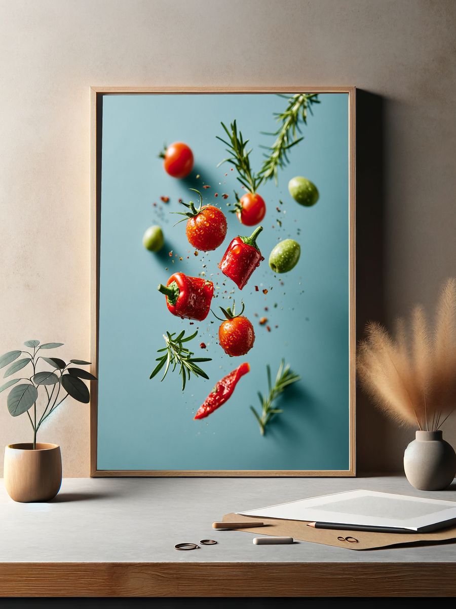 Floating Tomatoes and Herbs Photography Poster. — room view 2