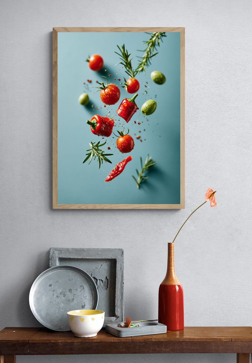 Floating Tomatoes and Herbs Photography Poster. — room view 3