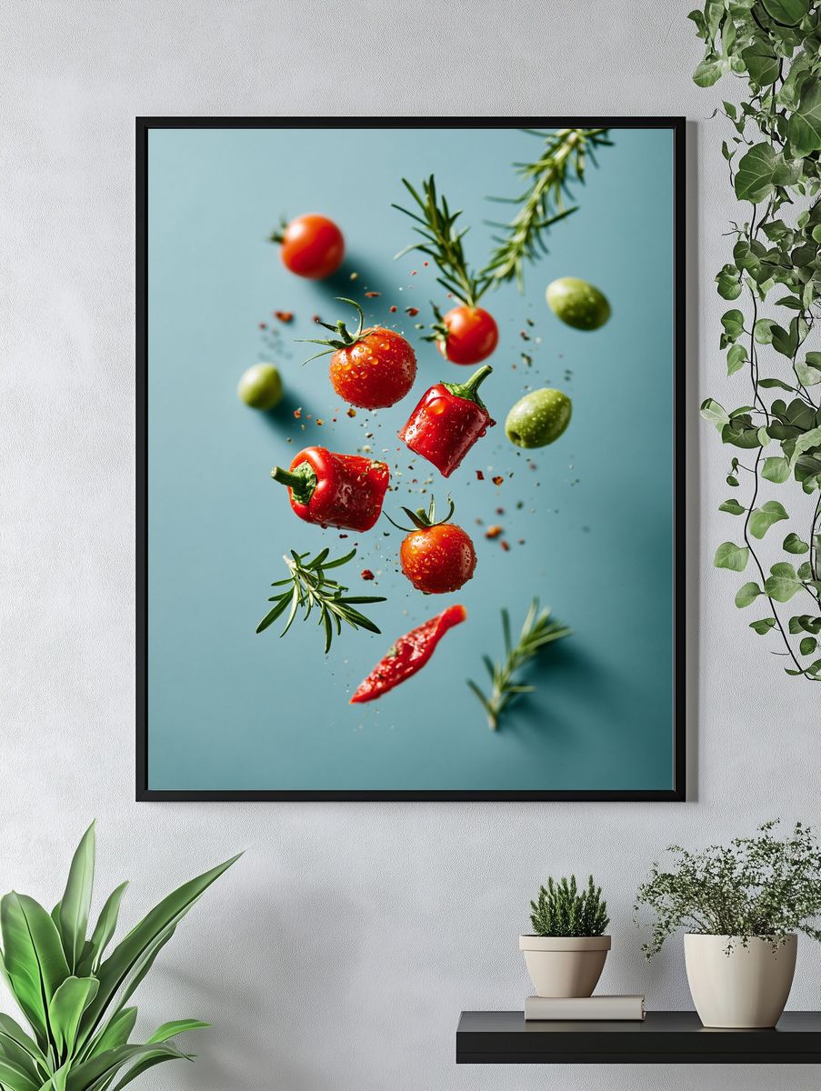 Floating Tomatoes and Herbs Photography Poster. — room view 4
