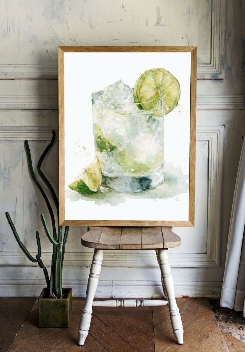 Lime Cocktail Watercolor Print. room preview