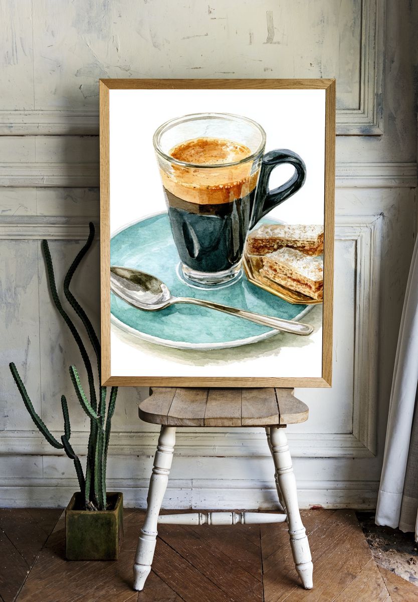 Espresso and Pastries Watercolor Print. room preview