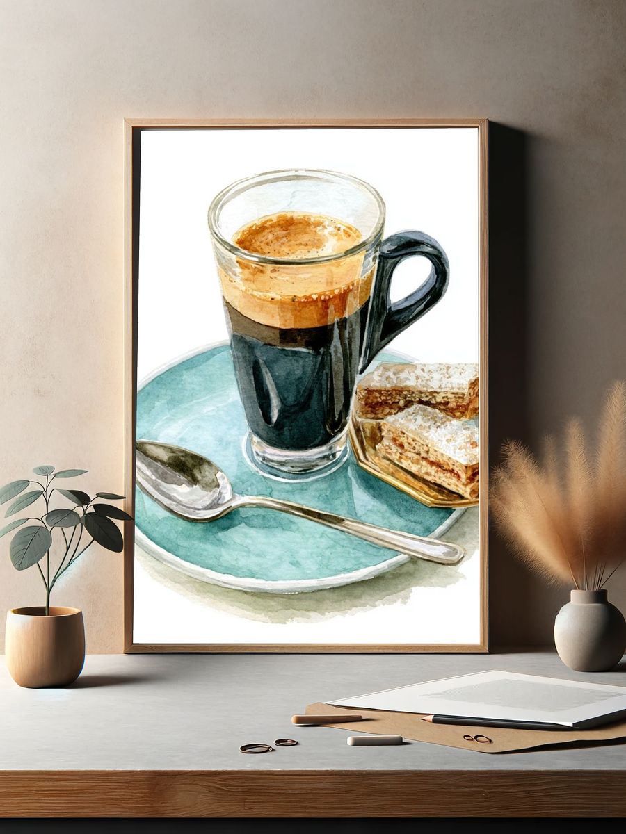 Espresso and Pastries Watercolor Print. — room view 2