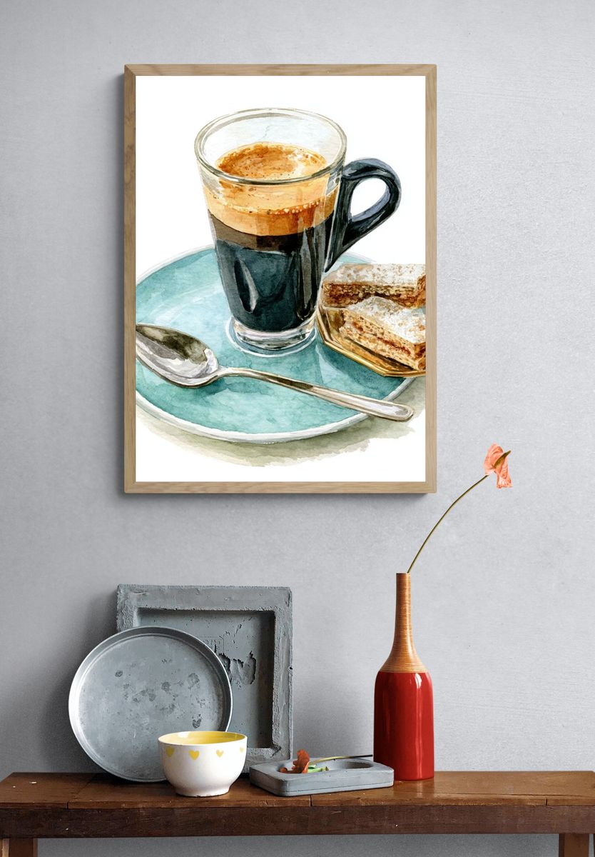 Espresso and Pastries Watercolor Print. — room view 3