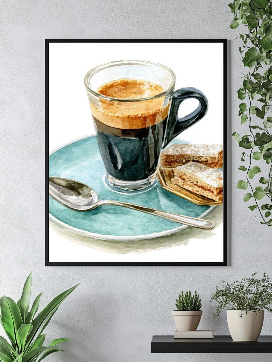 Espresso and Pastries Watercolor Print. — room view 4