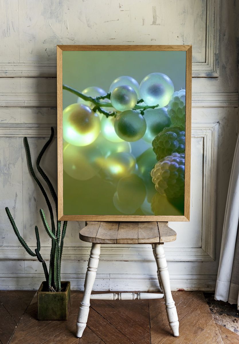 Glowing Grapes Still Life Print. room preview