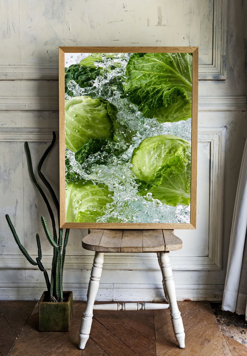Fresh Cabbage Splash Photography Poster. — room view 1