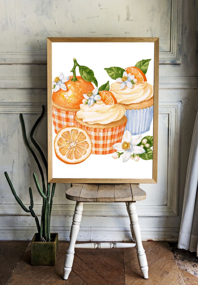 Orange Cupcakes Watercolor Print. — room view 1