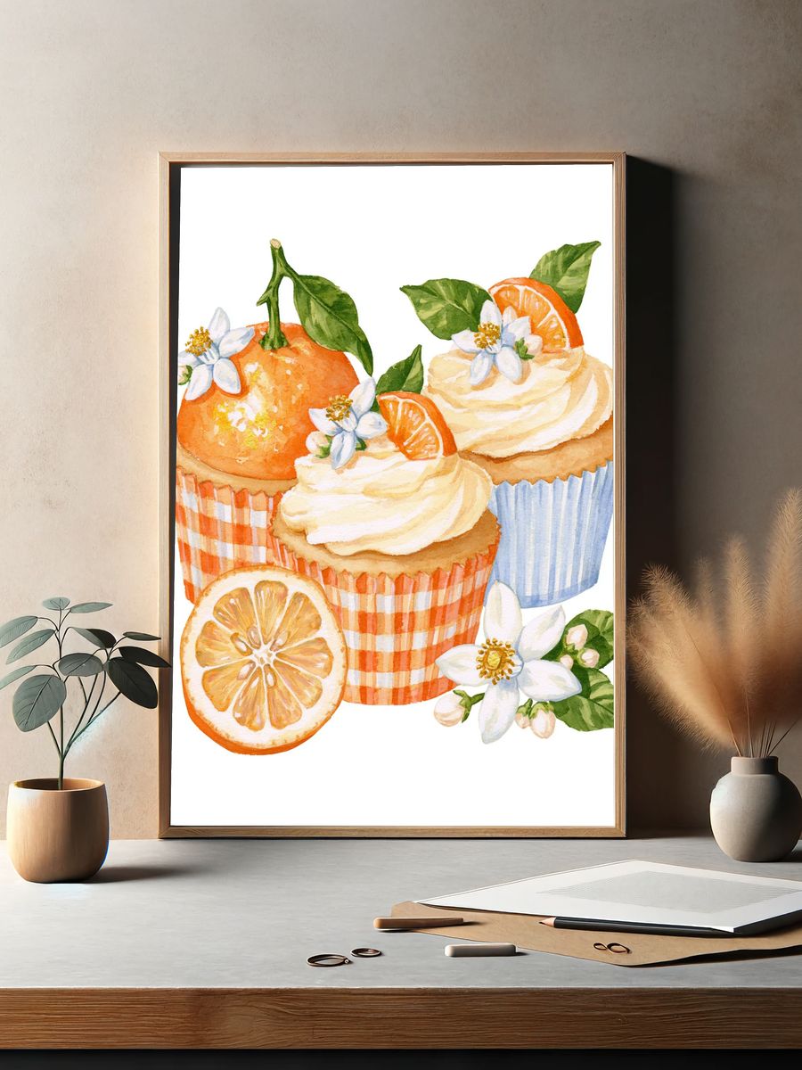 Orange Cupcakes Watercolor Print. — room view 2